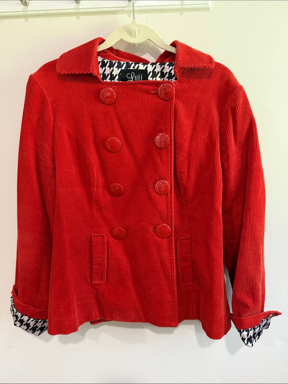 Luii Burnt Orange Corduroy Double-Breasted Pea Coat with Houndstooth Lining